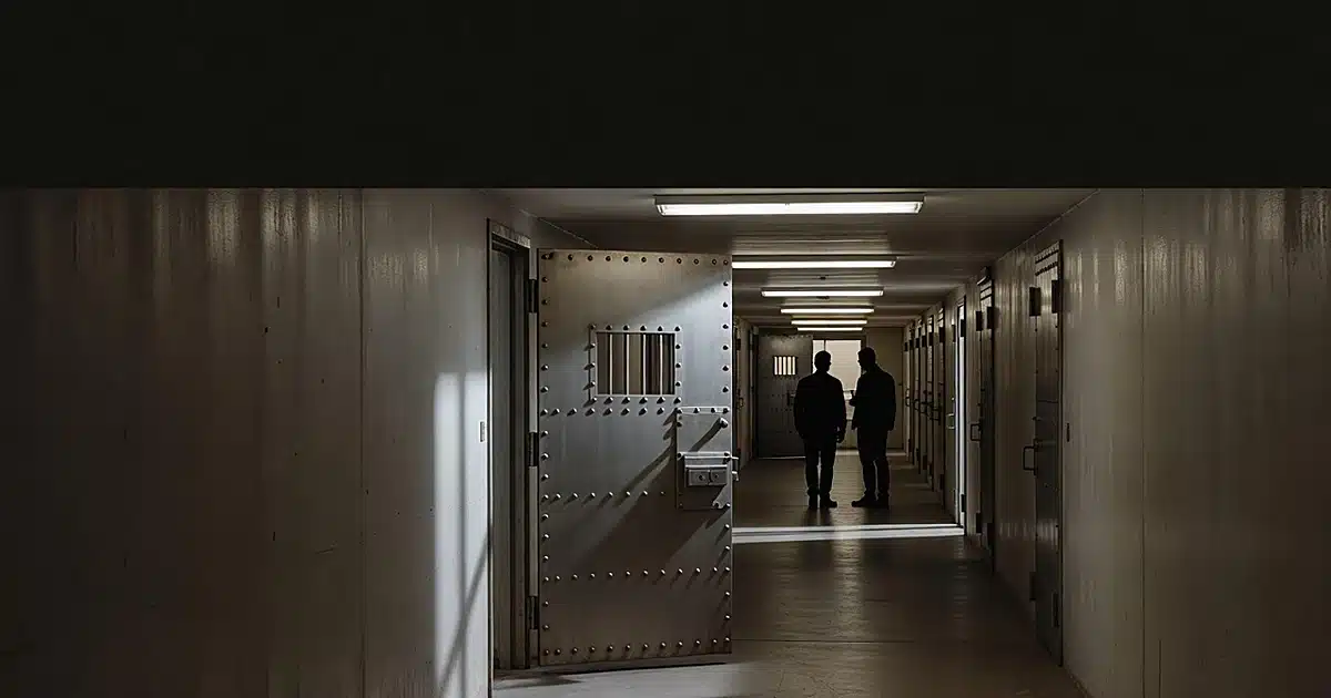 Prison cell door with barred window in institutional corridor with silhouetted figures in background
