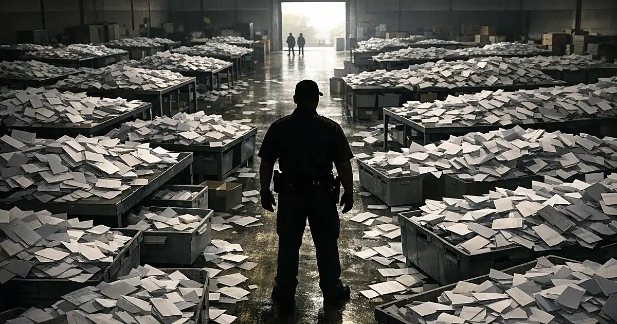 Overhead view of warehouse with scattered ballot envelopes and silhouetted sheriff figure surrounded by evidence tables