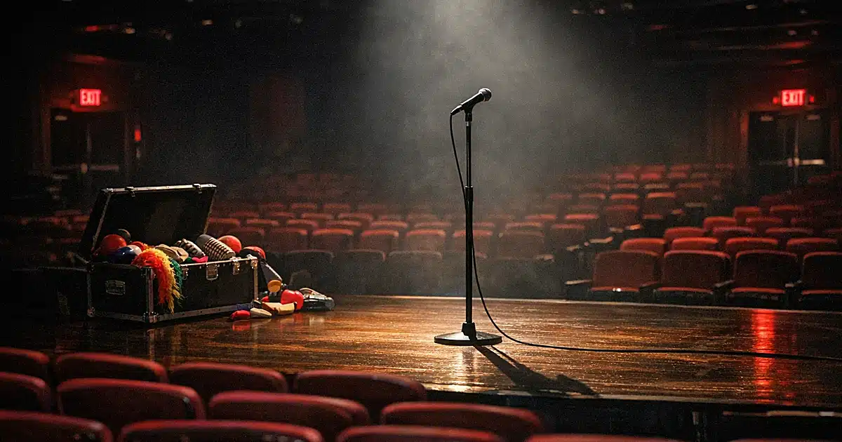 Empty Las Vegas comedy showroom with spotlight on abandoned microphone stand and scattered props on stage
