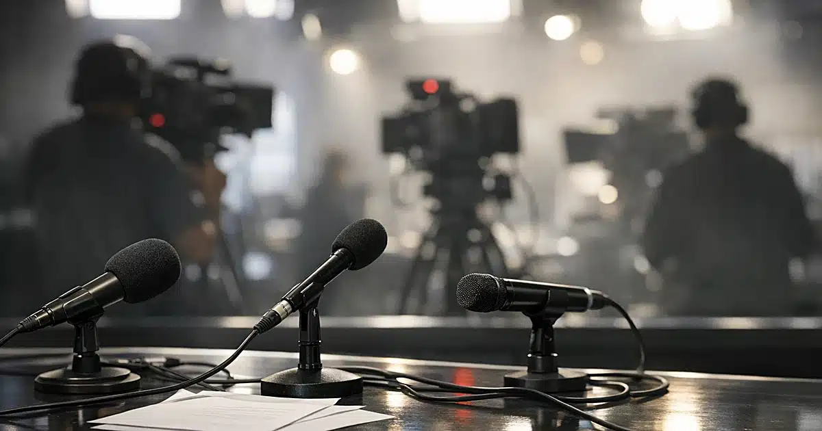 Television news studio with microphones on desk and silhouetted camera operators working in background lighting