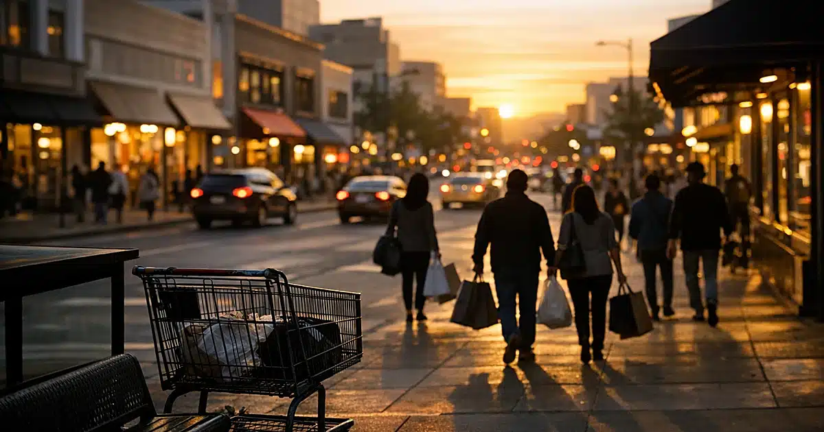 Urban shopping district at dusk with silhouetted pedestrians and abandoned shopping cart in foreground