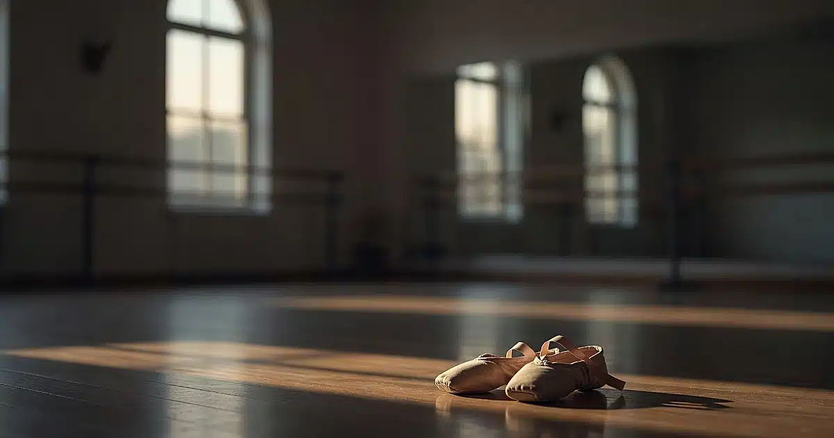 Empty ballet studio at dusk with worn dance shoes on wooden floor, warm light streaming through windows
