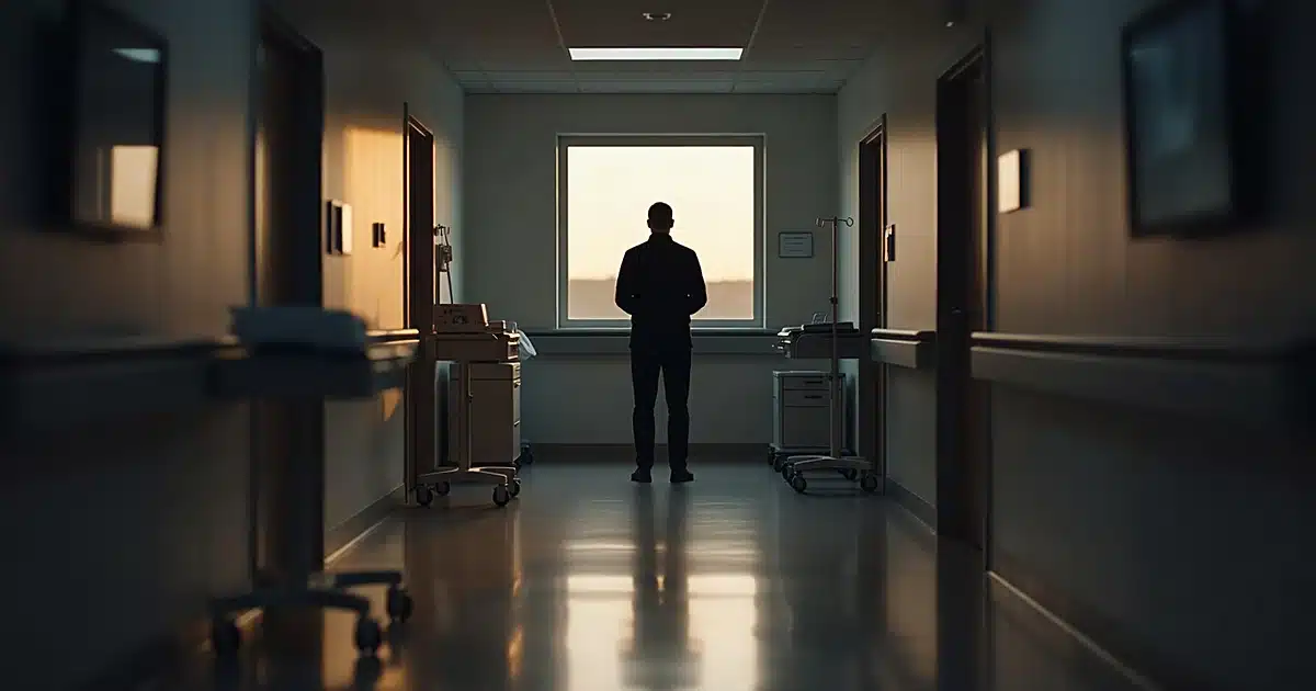 Silhouetted figure standing in hospital corridor backlit by window light with medical equipment visible along walls