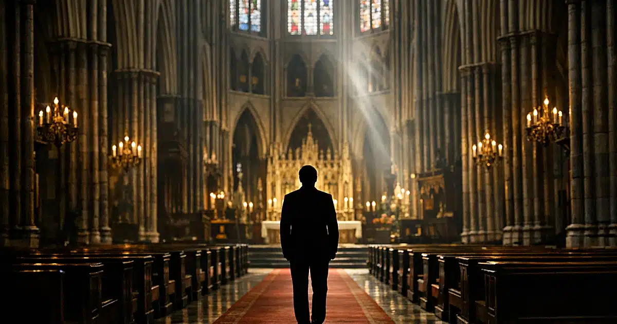 Empty cathedral interior with silhouetted figure standing in distant aisle beneath stained glass windows