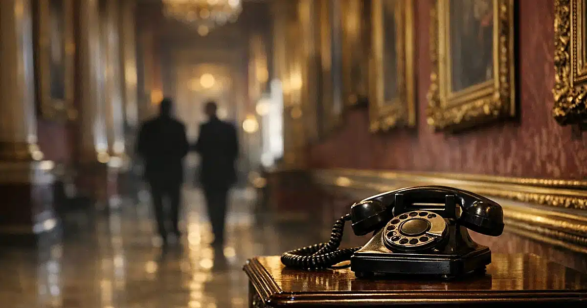 Vintage telephone on antique table in ornate palace hallway with gilded columns and dramatic natural lighting