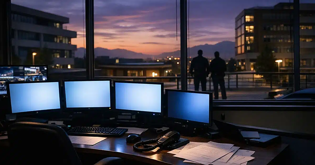 Empty university security command center desk with monitors and radio at dusk with campus buildings visible outside