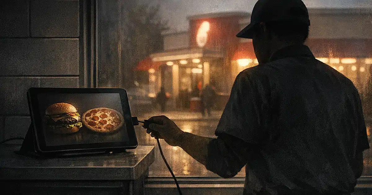 Silhouetted worker unplugging delivery tablet showing burgers and pizza, with traditional restaurant reflected in window