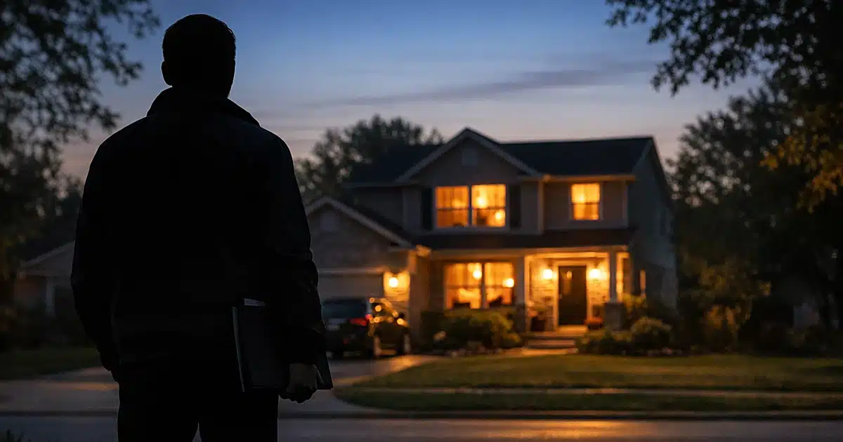 Silhouetted figure stands before suburban home at dusk holding documents