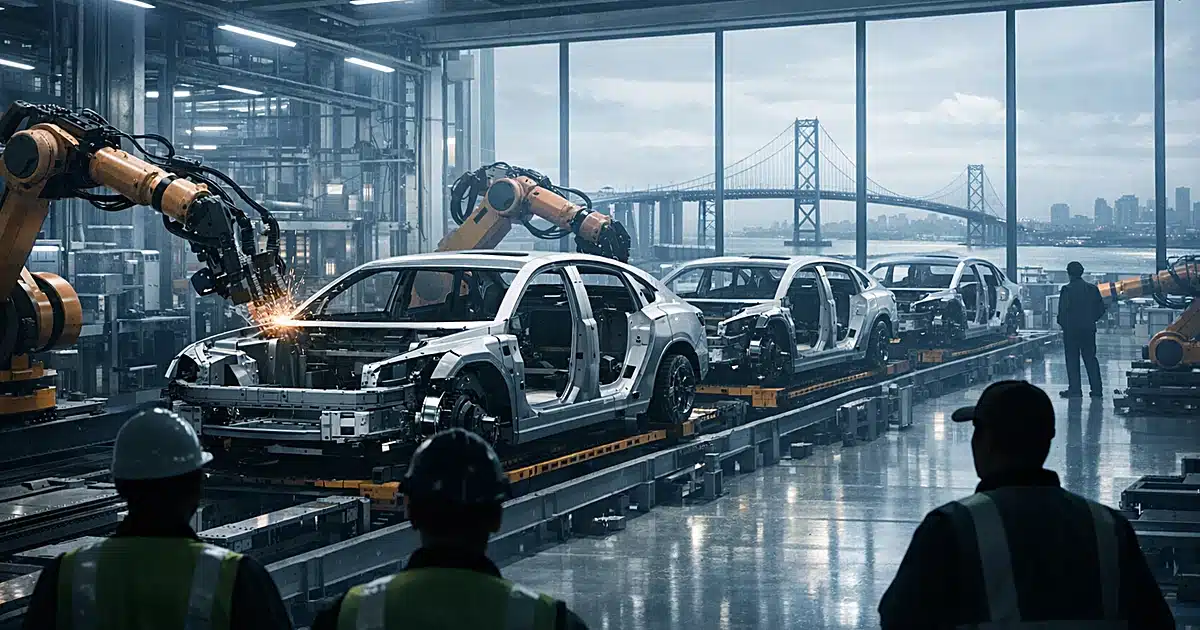 Automated factory with robotic arms assembling electric vehicles, human silhouettes observing, bridge visible through windows