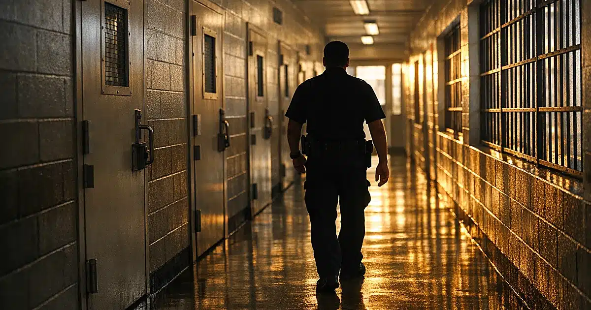 Immigration detention facility corridor with barred windows and silhouetted guard walking away at dawn