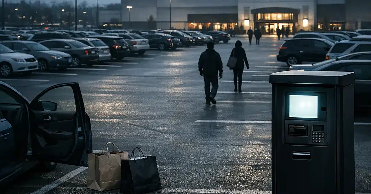 Mall parking lot with payment kiosk and silhouetted shoppers walking toward building with abandoned shopping bags