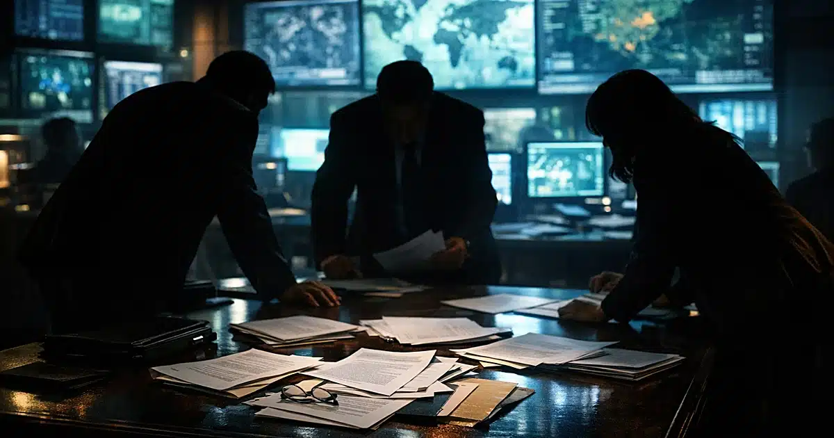 Intelligence operations room with silhouetted analysts reviewing documents under monitor glow
