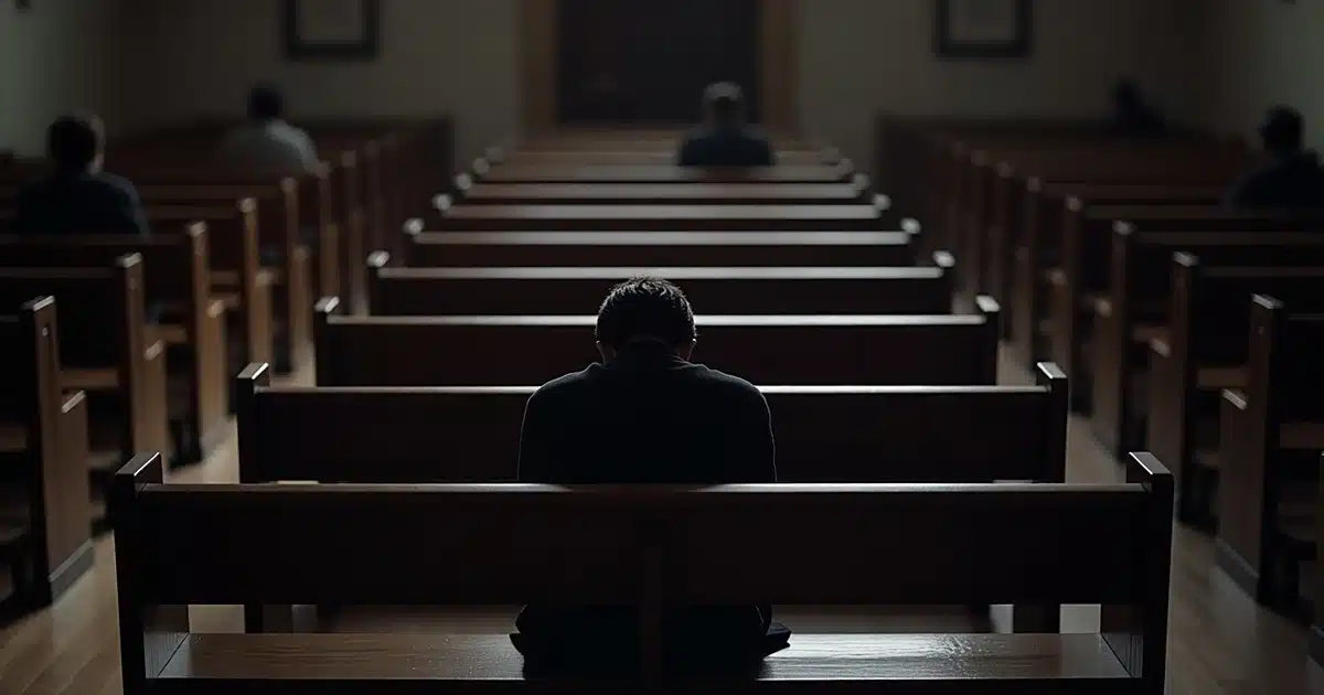 Empty chapel interior with solitary silhouetted figure seated in front pew, soft natural lighting
