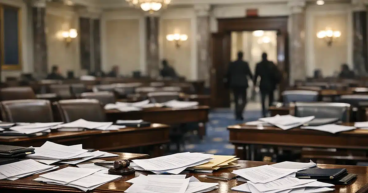 Empty Senate chamber with scattered papers on desks and silhouettes of people leaving through distant doorways