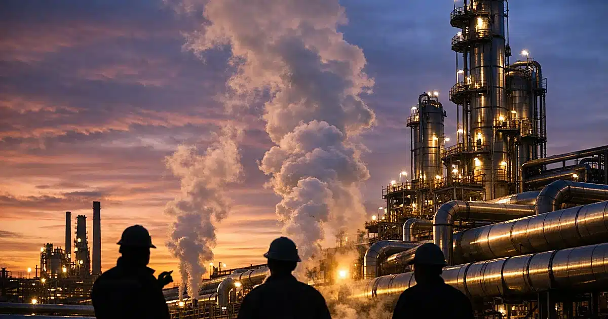 Industrial natural gas facility with pipelines and workers at dusk