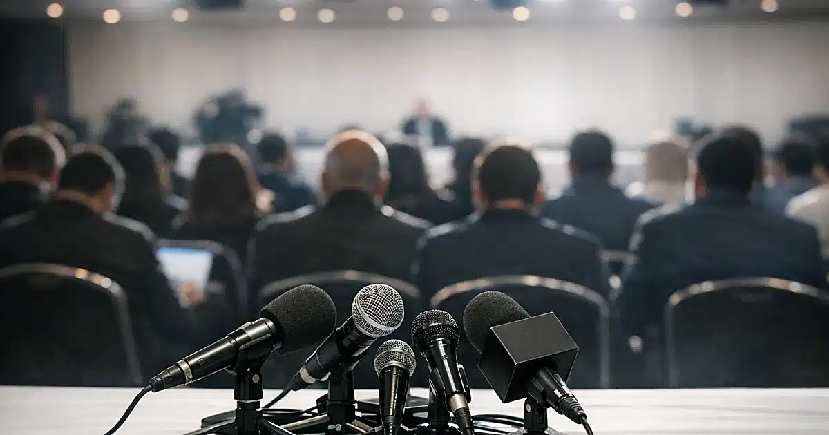 Press conference microphones with silhouetted reporters at Venice Film Festival media event