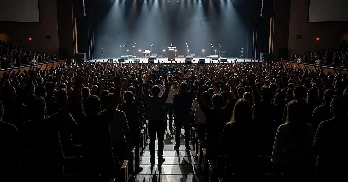 Crowded college auditorium with silhouetted audience facing illuminated stage with microphones and lighting equipment