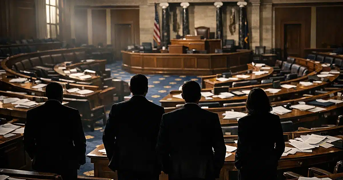 Interior of legislative chamber with scattered papers on desks and silhouetted figures standing on chamber floor