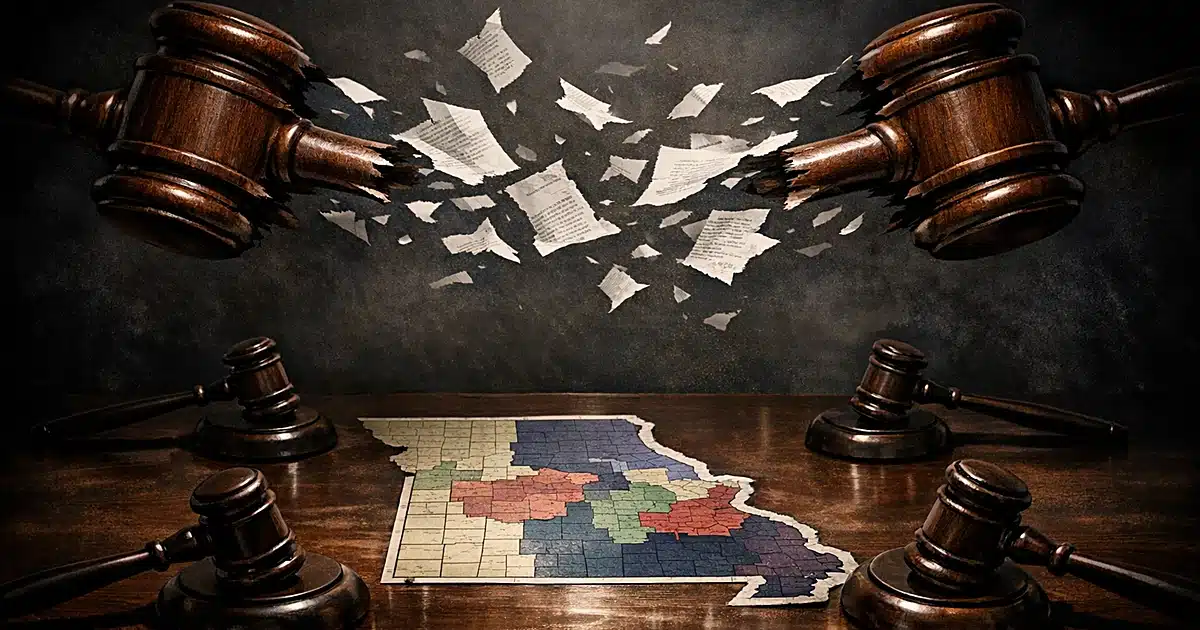 Split gavel pulling apart above Missouri congressional district map surrounded by multiple gavels pointing inward