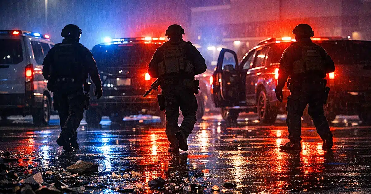 Federal law enforcement vehicles with flashing emergency lights in commercial parking lot at night