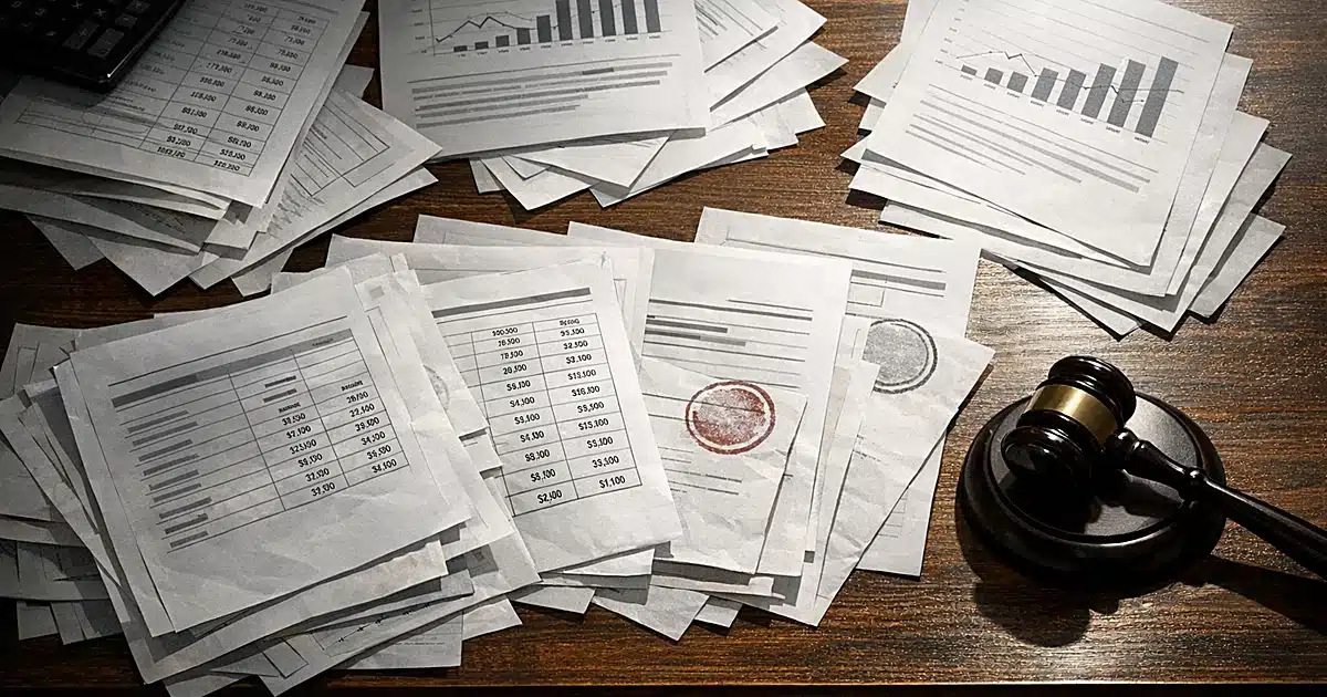 Financial documents with conflicting numbers scattered on desk with gavel, lit by harsh overhead lighting