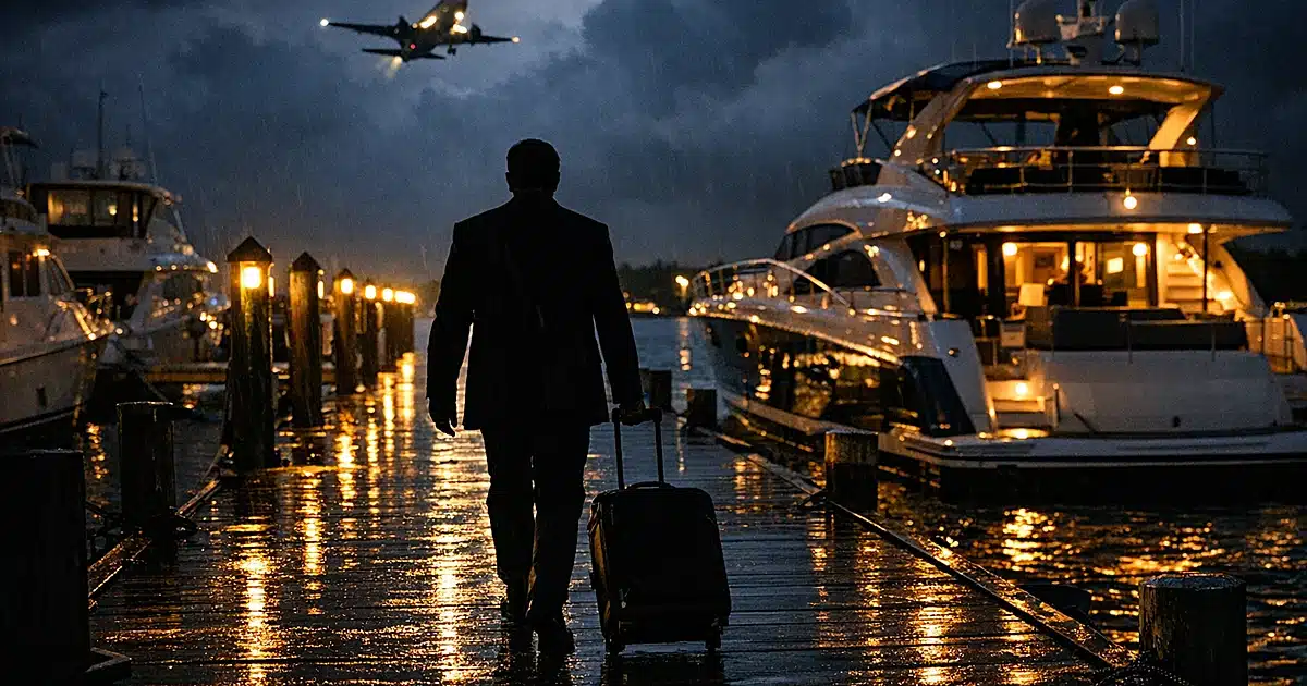 Silhouetted figure with luggage walking down wet marina dock toward yacht at night with plane lights in background