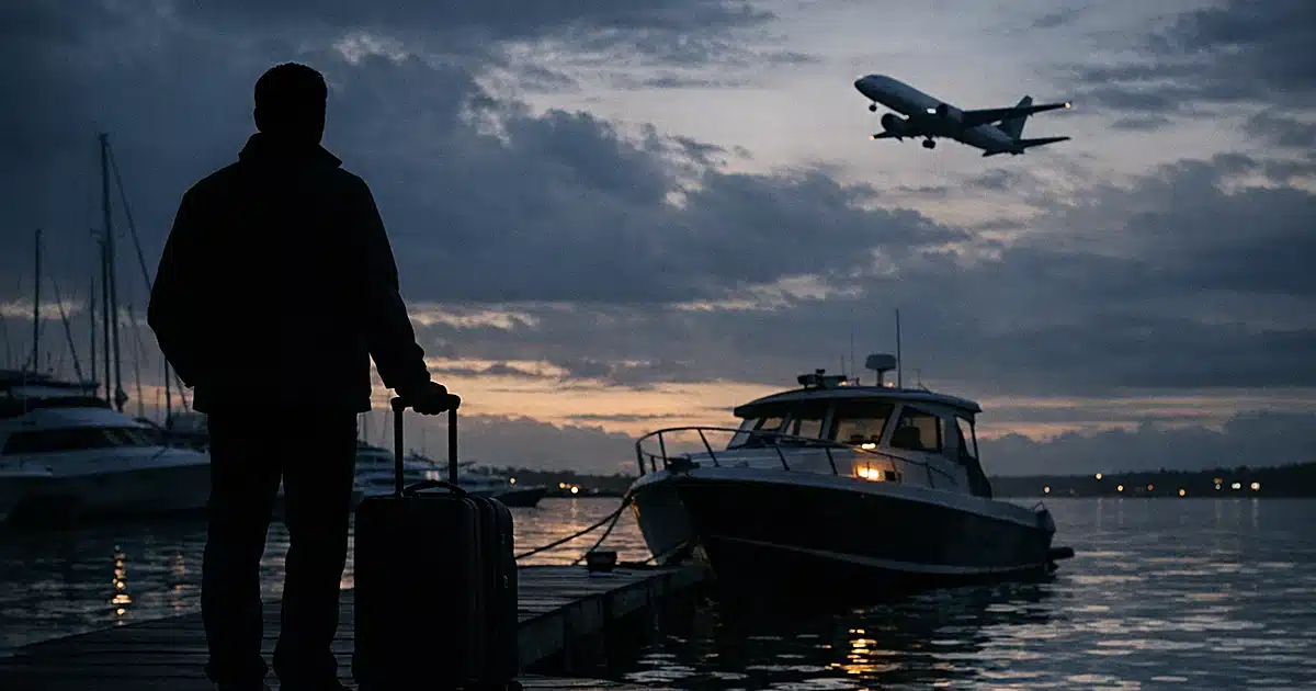 Silhouette of person with luggage at marina watching boat and departing airplane at dusk