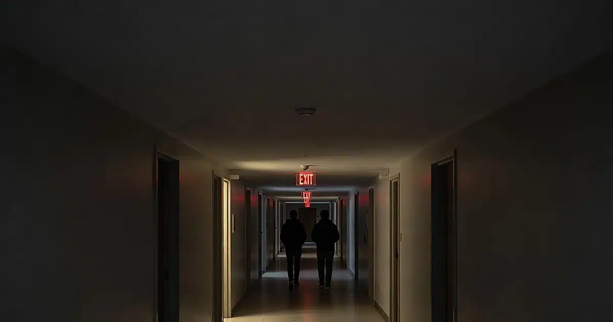 Dark university residence hall corridor at night with silhouetted students walking away from camera