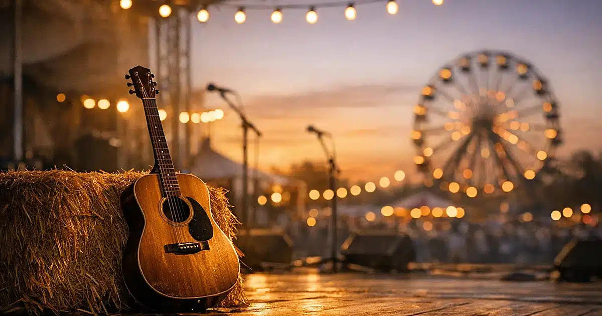 Acoustic guitar on empty festival stage at sunset with fairground in background
