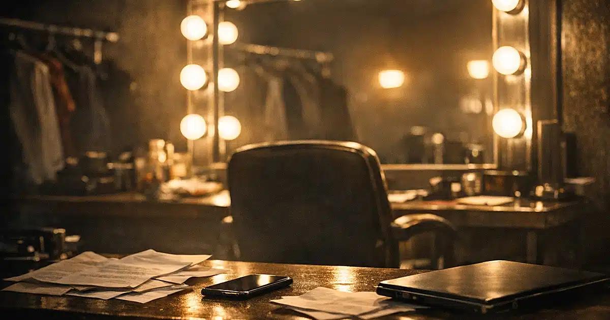 Empty Las Vegas performer dressing room with illuminated makeup mirror and phone on counter in dramatic lighting