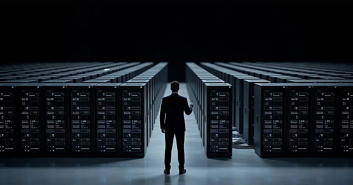 Silhouetted figure standing in massive data center with endless rows of illuminated server racks stretching into distance