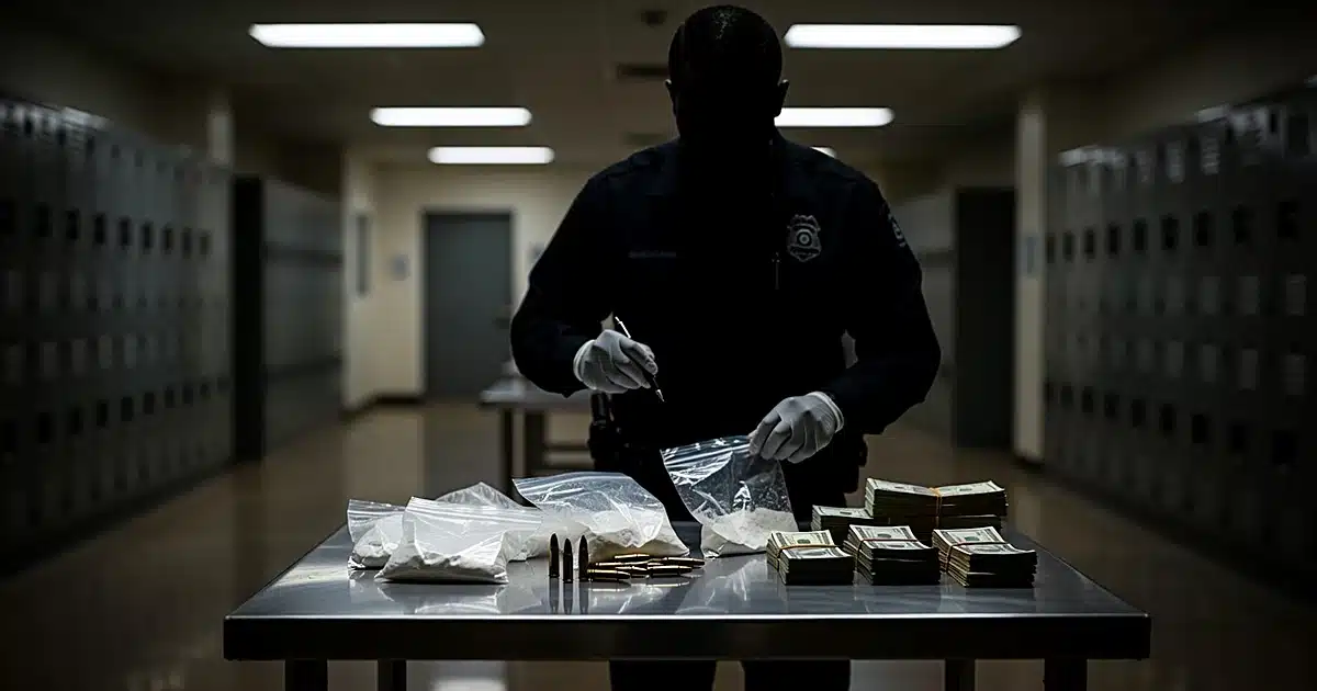 Evidence table with seized drugs, ammunition, and cash being processed by law enforcement in police station
