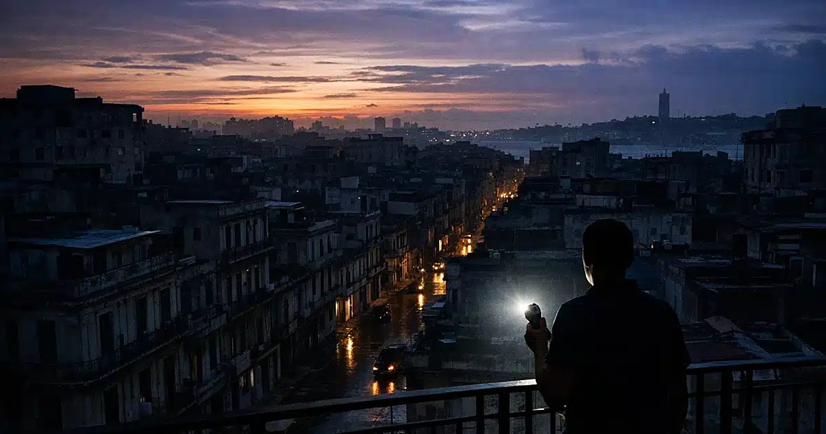 Darkened apartment buildings at dusk with silhouetted figure on balcony holding small light source