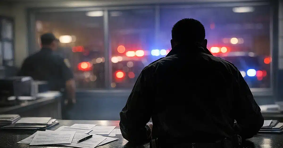 Silhouetted figure at police station booking counter with paperwork under fluorescent lights
