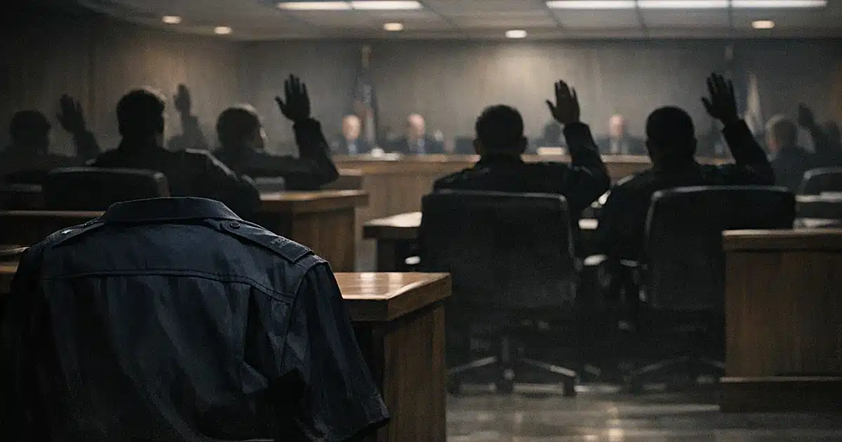 Silhouetted council members voting in chamber with empty police uniform jacket in foreground