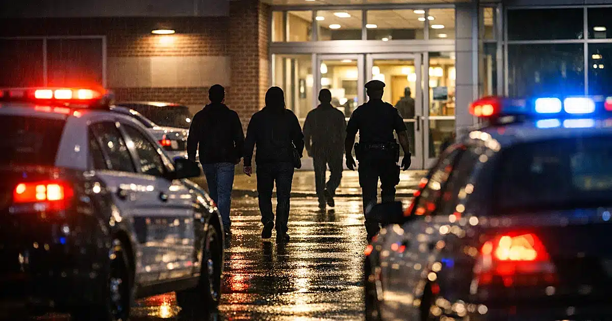 Police station entrance at night with silhouetted figures approaching illuminated building and patrol vehicles
