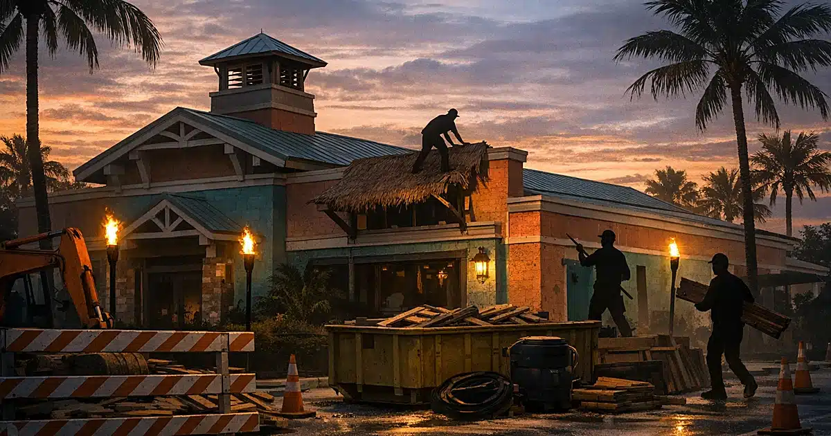 Tropical restaurant exterior with palm trees at dusk, construction barriers in foreground indicating closure and renovation