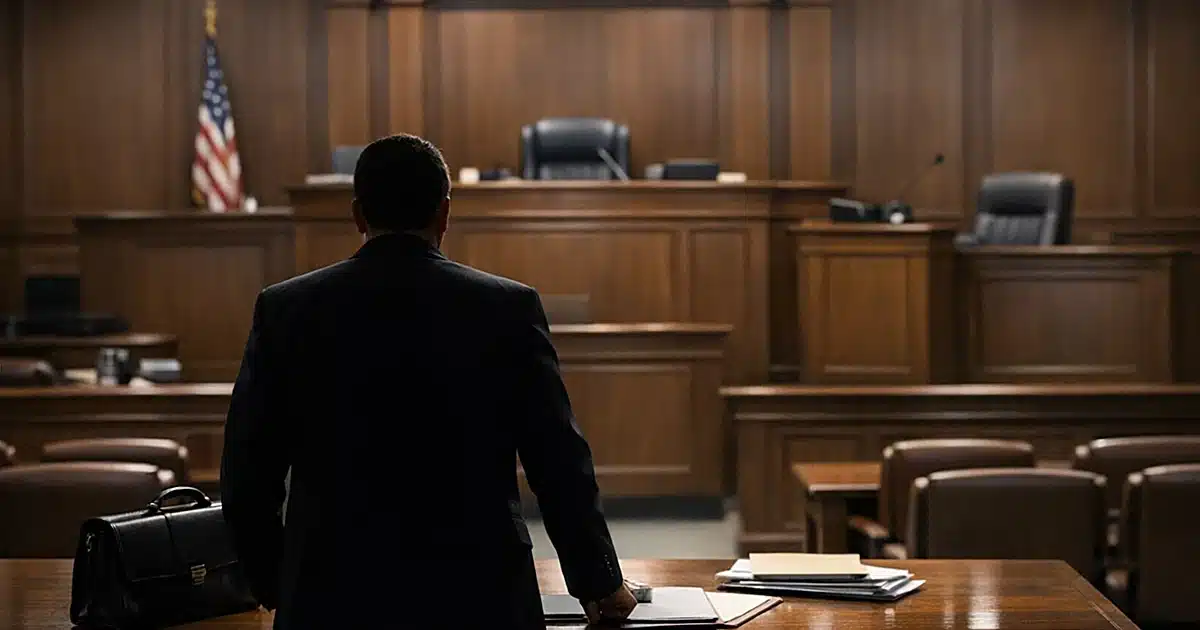 Empty federal courtroom with silhouetted figure standing at defense table, back to camera