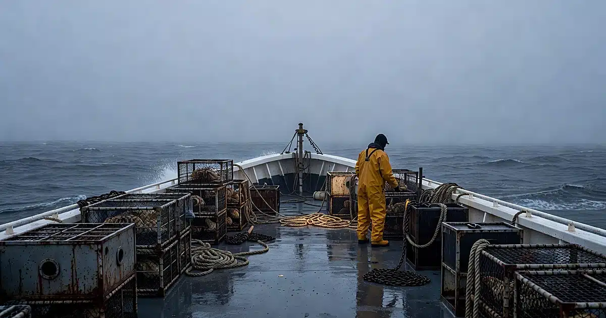 Commercial fishing vessel deck in Bering Sea with silhouetted deckhand working among crab pots and equipment