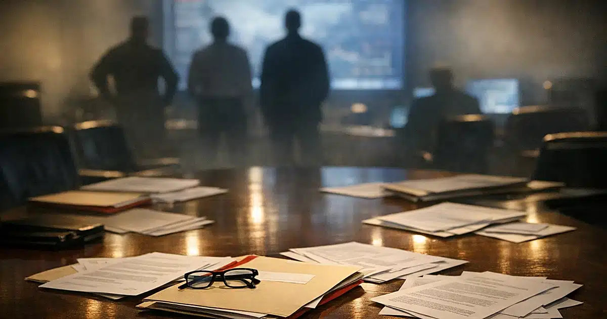 Intelligence briefing room with classified documents spread on conference table, silhouetted figures in background