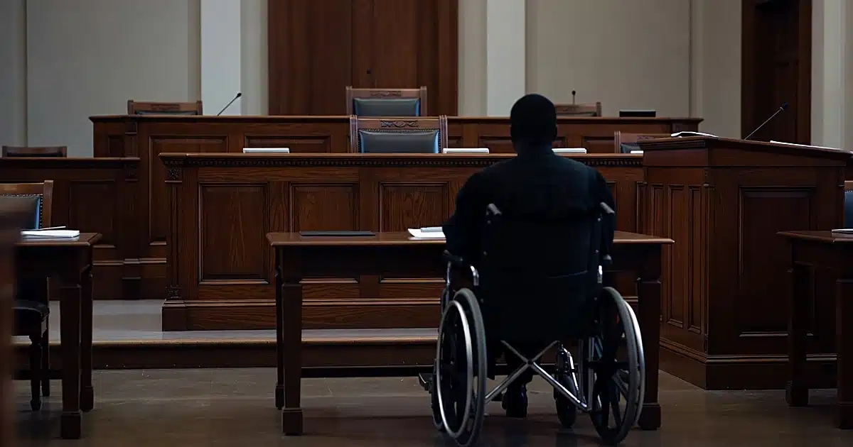 Empty courtroom with judge's bench and witness stand, wheelchair visible at defense table in foreground