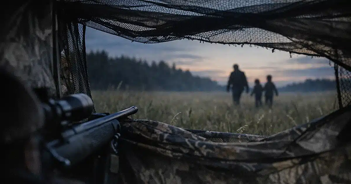 View from inside hunting blind at dusk showing rifle barrel and darkening field with poor visibility