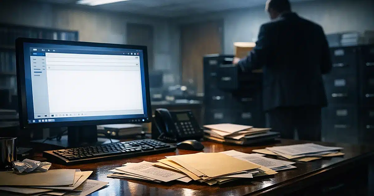 Government office desk with computer monitor and legal files, silhouetted figure at filing cabinet in background