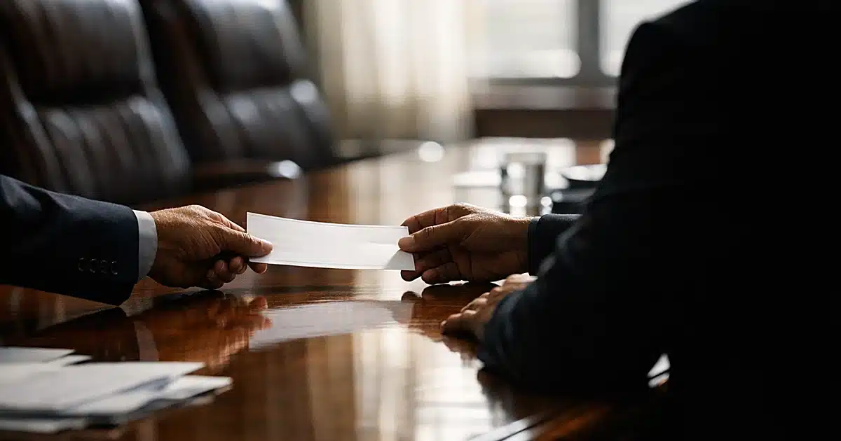 Hand sliding check across boardroom table to another person in business meeting