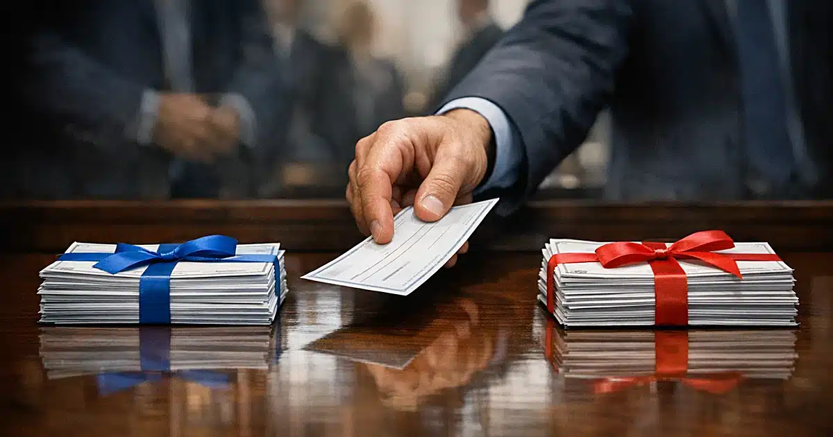 Campaign contribution checks being moved across boardroom table from Democratic to Republican stack