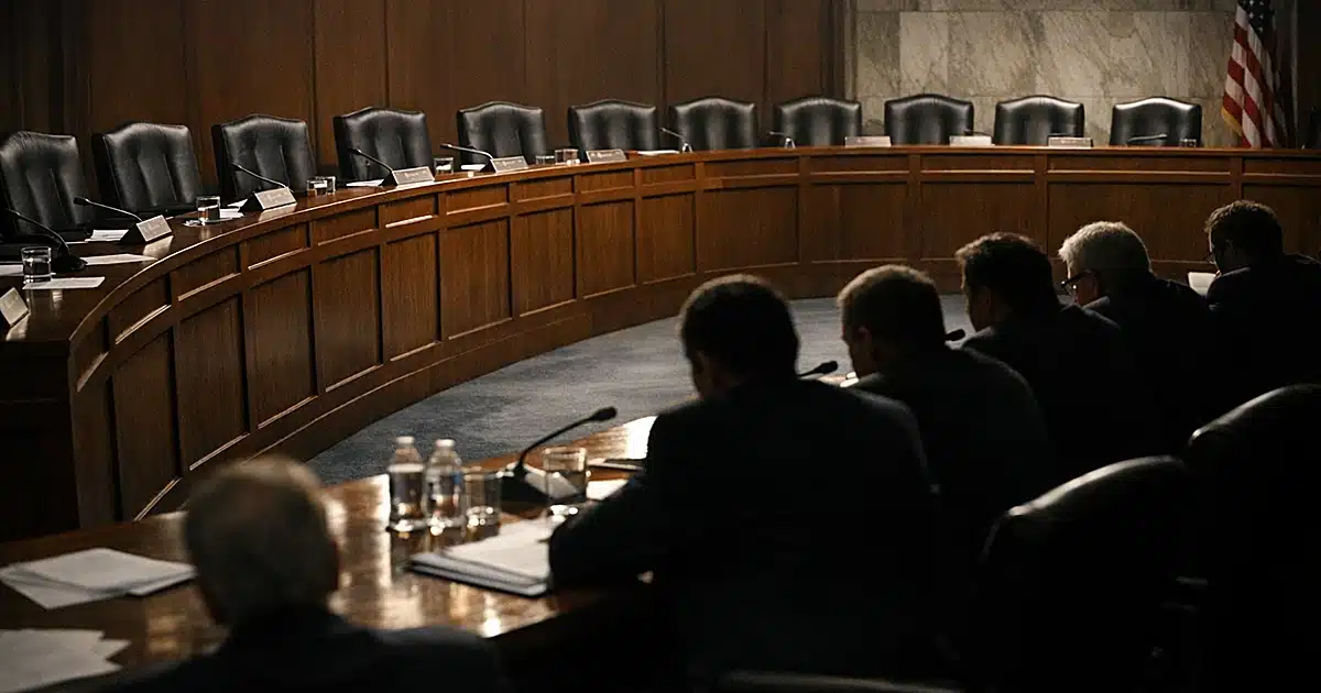 Empty committee chairs on one side of Senate hearing room while silhouetted senators question witnesses on opposite side