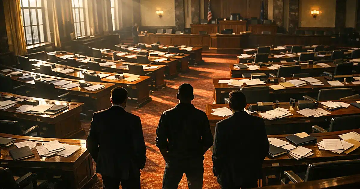 Empty legislative chamber with scattered papers on desks, dramatic afternoon light casting shadows across the floor