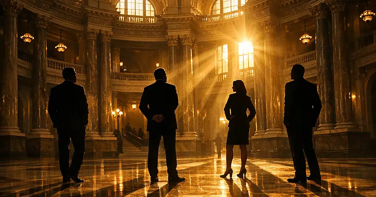 Four silhouetted figures stand separately in a sunlit state capitol rotunda with marble columns