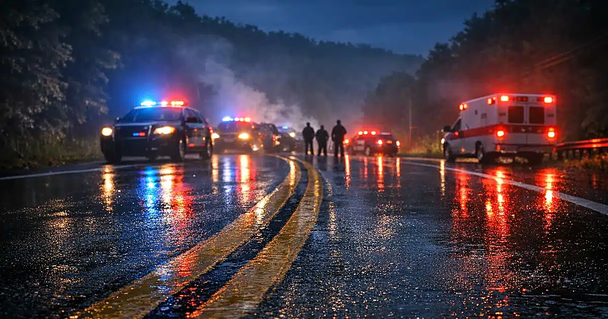Emergency vehicle lights reflecting on wet rural highway at dusk with wooded hills in background