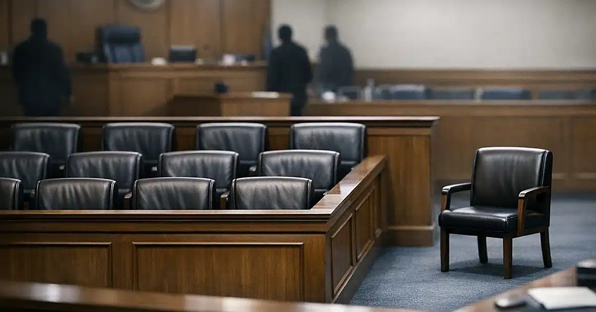 Empty jury box with twelve chairs and one separated seat in a courtroom, symbolizing a hung jury deadlock